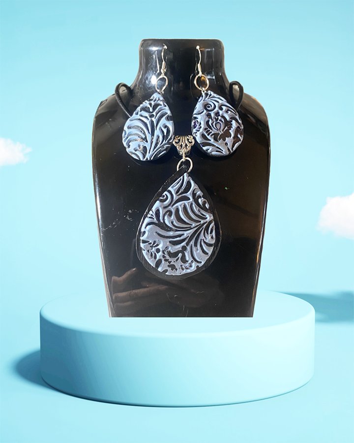 Handmade Jewelry Set - Polymer Clay Pendant and Earrings "Raised Blues"