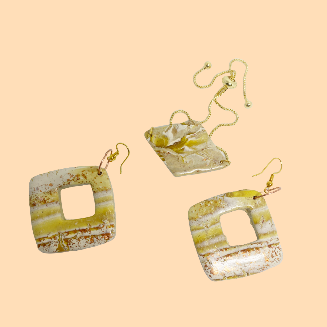 *Golden Sand Swirl Earrings – Textured Square Polymer Clay Earrings in Sandstone & Yellow**
