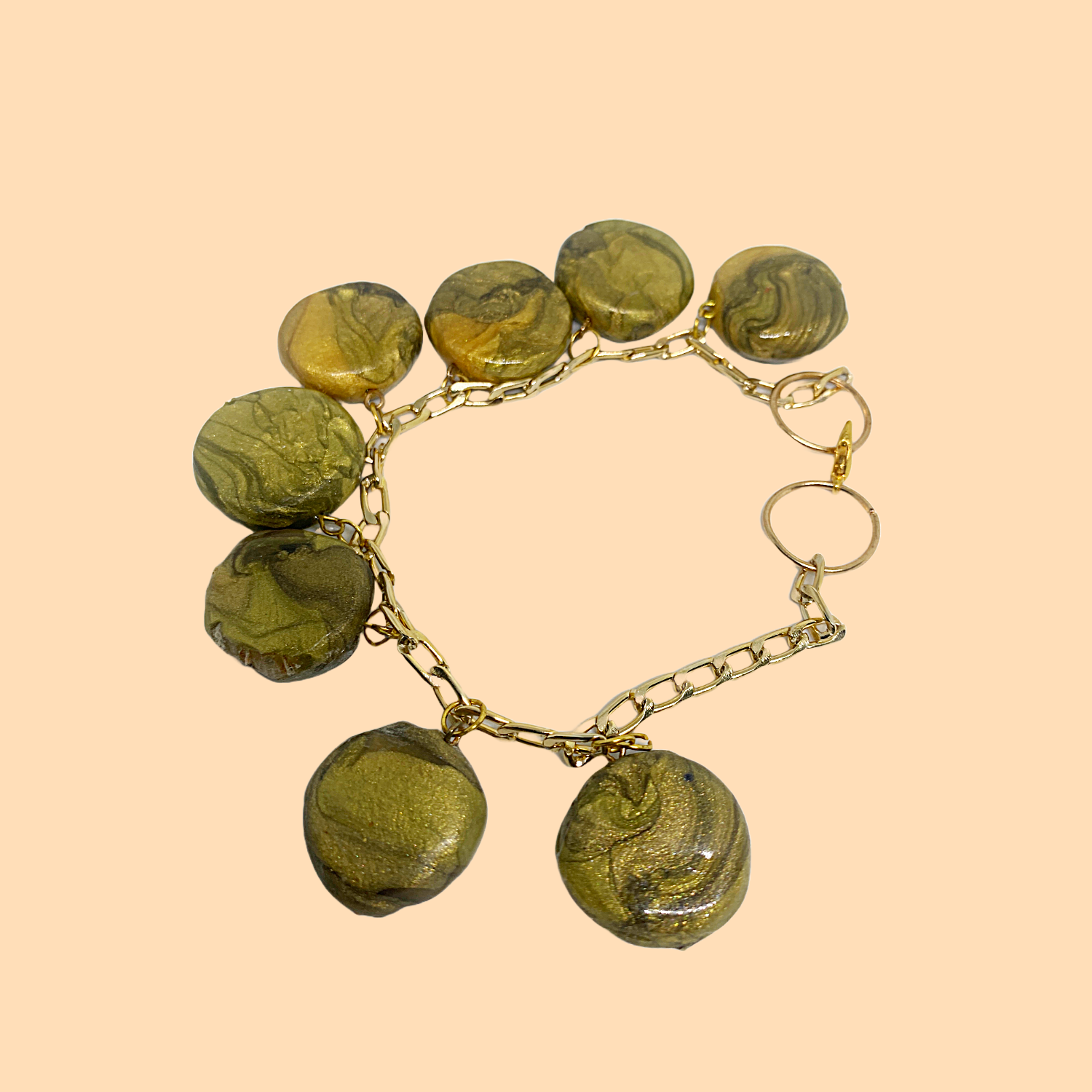 Golden Olive Charm Bracelet – Handmade Polymer Clay Bead Jewelry