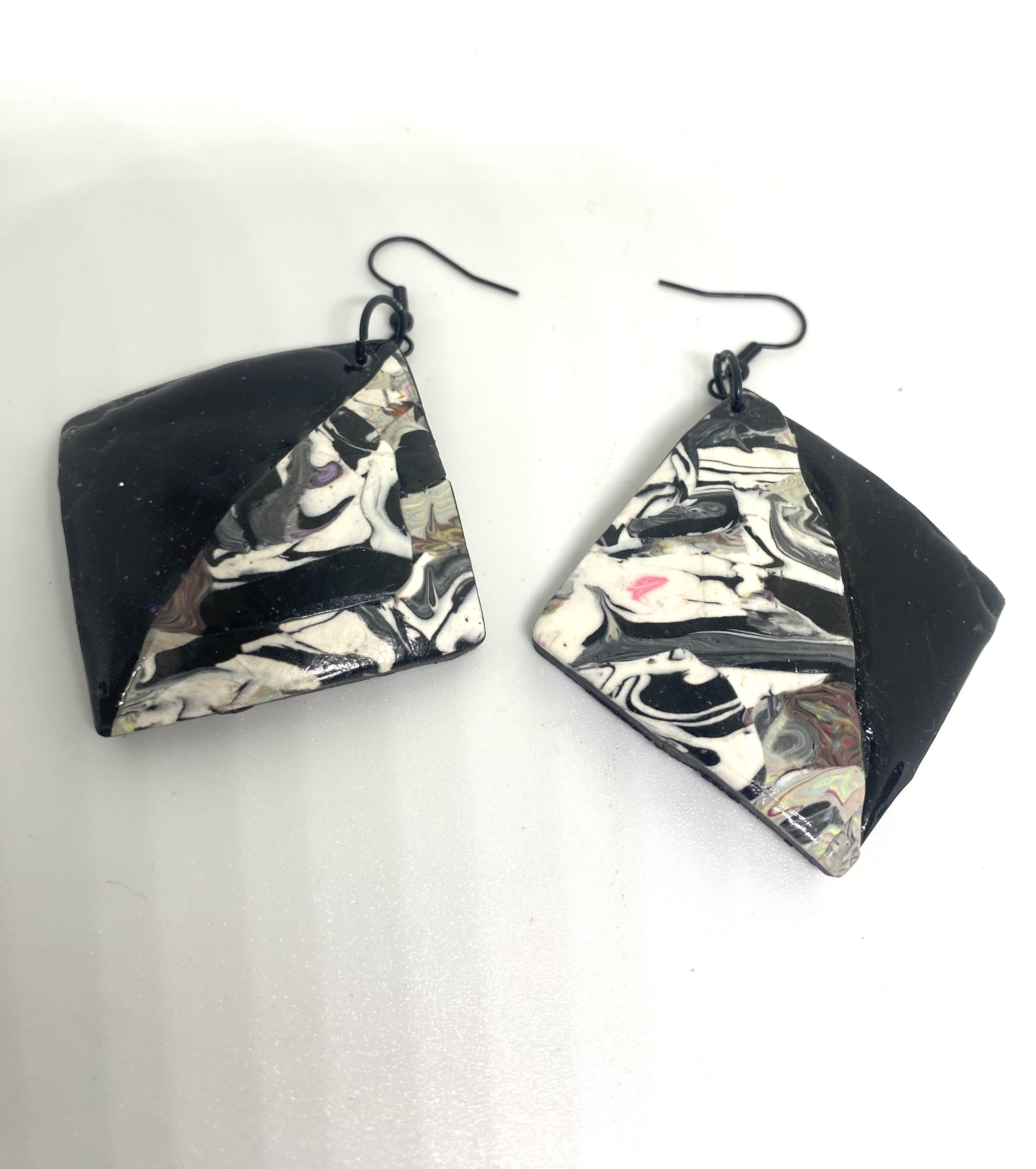 Black & Marble Abstract Diamond Earrings – Handmade Polymer Clay Statement Jewelry