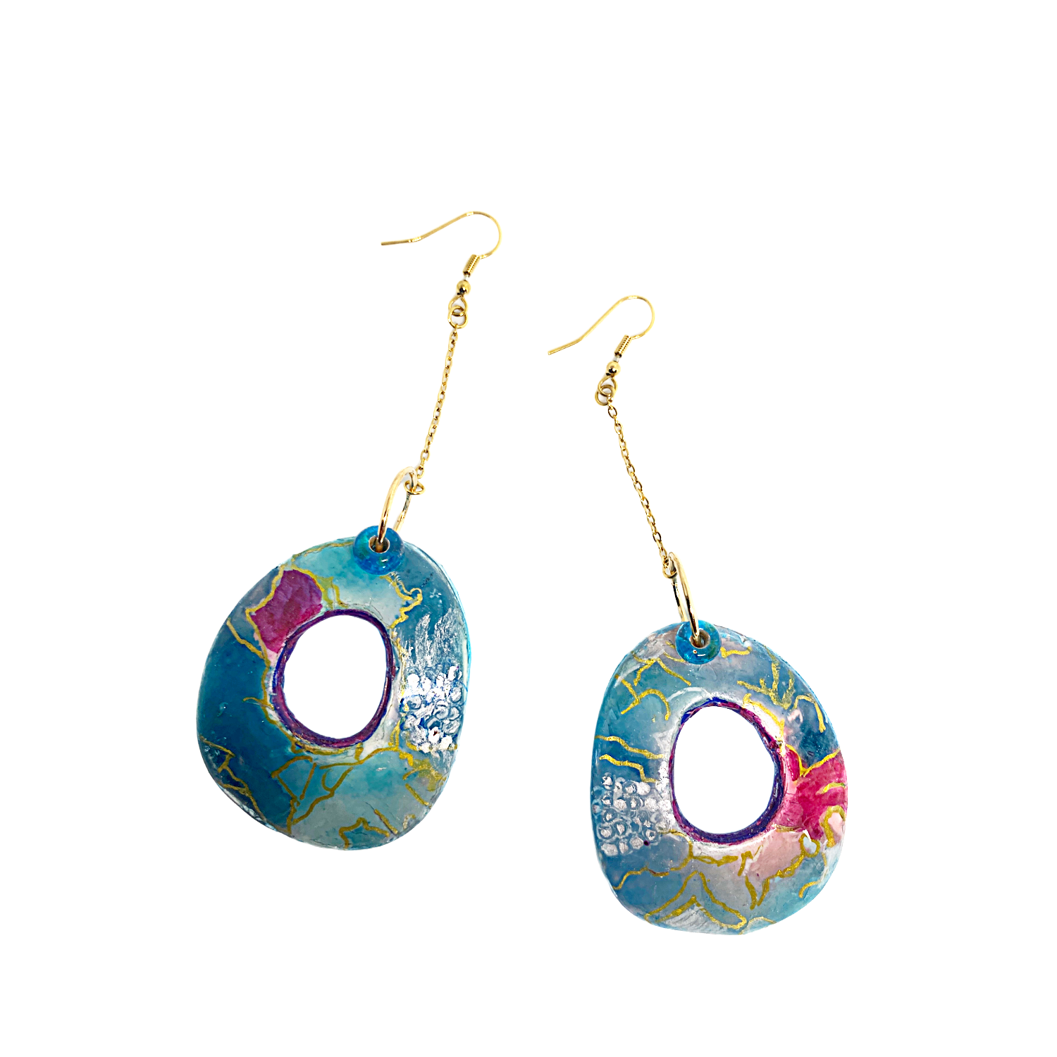 Tropical Lagoon Donut Earrings – Handmade Polymer Clay with Gold Chain Detail