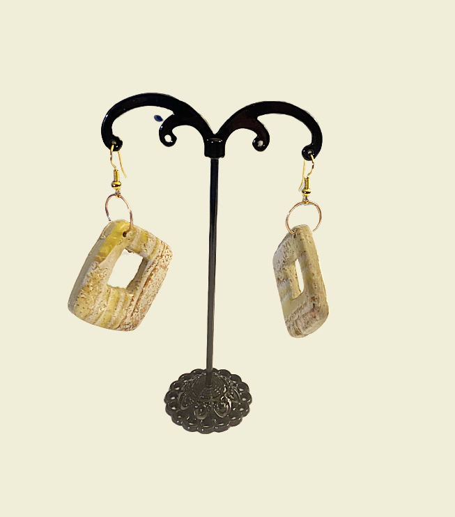 *Golden Sand Swirl Earrings – Textured Square Polymer Clay Earrings in Sandstone & Yellow**
