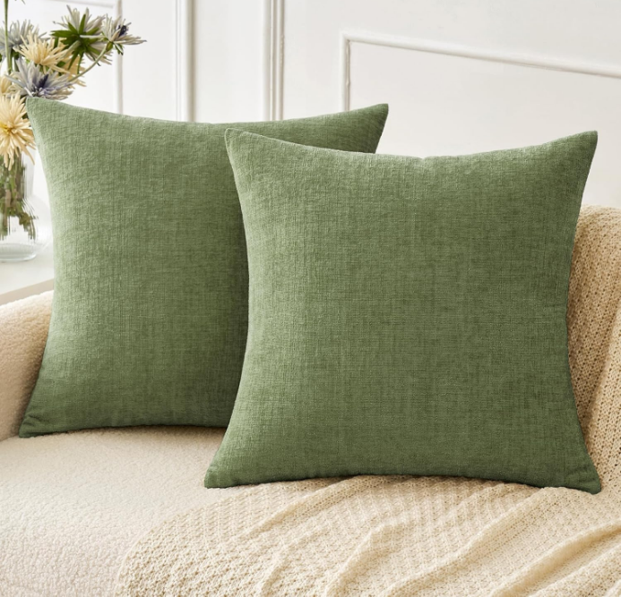 Pack of 2 Couch Throw Pillow Covers 18x18 Inch Spring Soft Sage Green Chenille Pillow Covers for Sofa Living Room Solid Dyed Pillow Cases