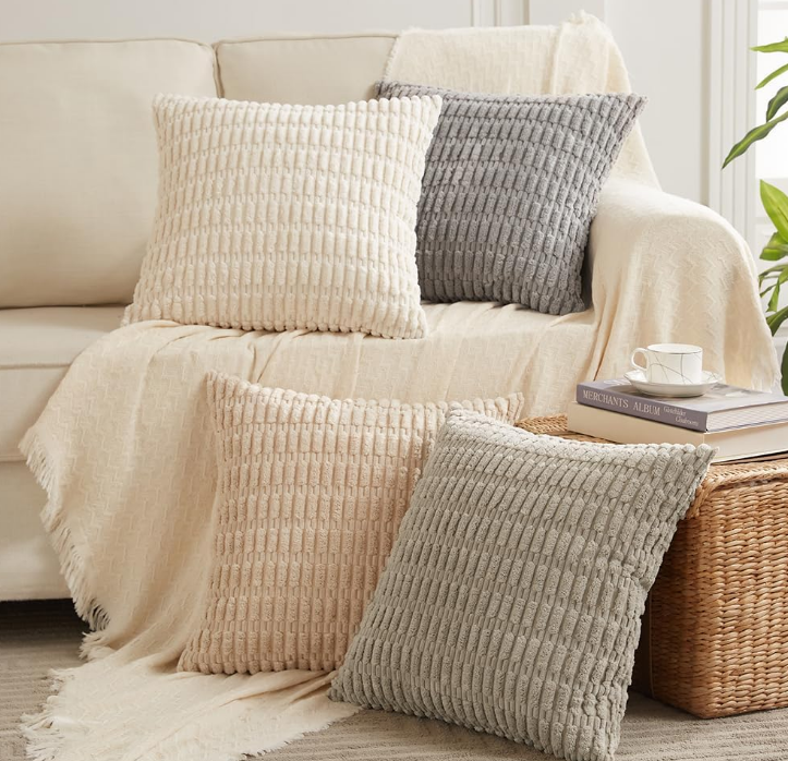 4 Packs Neutral Decorative Throw Pillow Covers 18x18 Inch for Living Room Couch Bed Sofa, Rustic Farmhouse Boho Home Decor, Soft Plush Striped Corduroy Square Cushion Case 45x45 cm