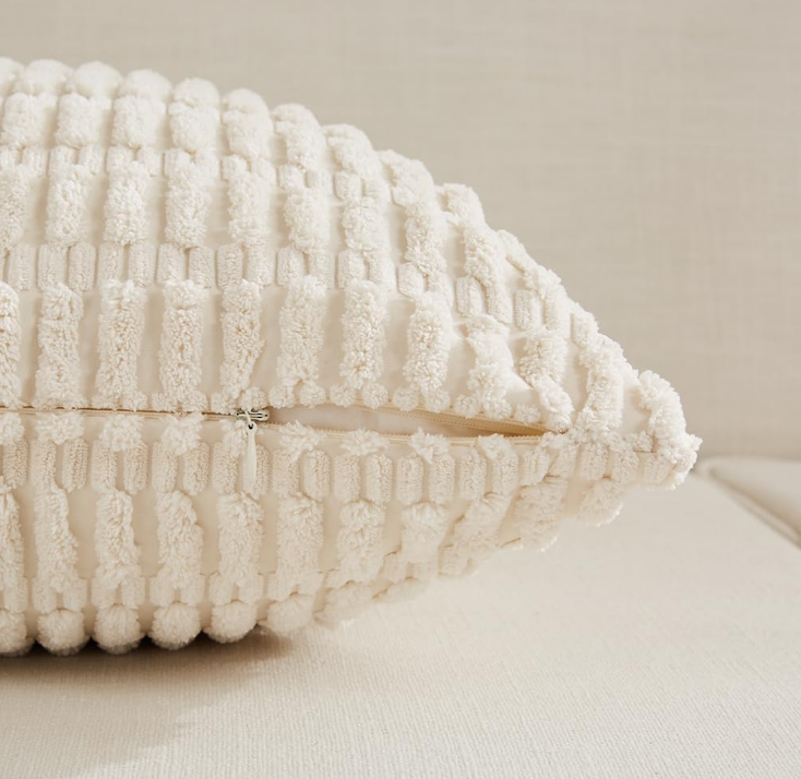 4 Packs Neutral Decorative Throw Pillow Covers 18x18 Inch for Living Room Couch Bed Sofa, Rustic Farmhouse Boho Home Decor, Soft Plush Striped Corduroy Square Cushion Case 45x45 cm
