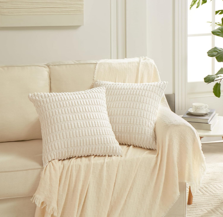 4 Packs Neutral Decorative Throw Pillow Covers 18x18 Inch for Living Room Couch Bed Sofa, Rustic Farmhouse Boho Home Decor, Soft Plush Striped Corduroy Square Cushion Case 45x45 cm