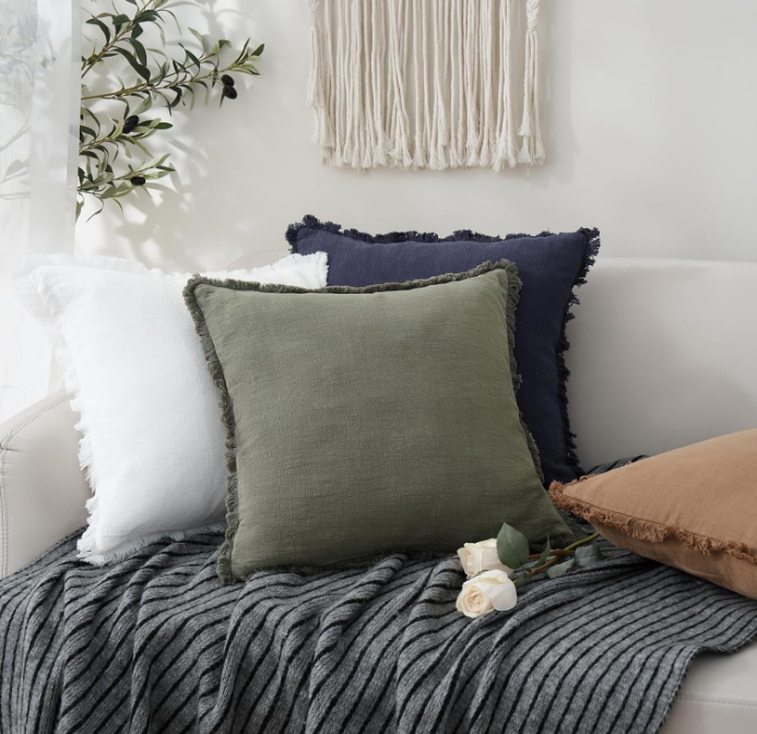 Set of 2 Decorative Linen Fringe Throw Pillow Covers Cozy Boho Farmhouse Cushion Cover with Tassels Soft Accent Pillowcase for Couch Sofa Bed Living Room Home Decor,18×18 Inch,Olive Green