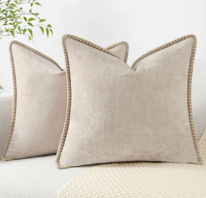 Chenille Soft Throw Pillow Covers 18x18 Set of 2, Farmhouse Velvet Decorative Pillow Covers with Stitched Edge for Couch Sofa Bed, Bleached Sand