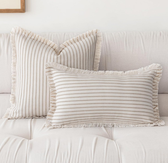 Striped Farmhouse Throw Pillow Covers 18X18 Set of 2 Boho Pillow Cover with Fringe Tassel Chic Cotton Decorative Pillows Modern Neutral Square Cushion Pillowcase for Sofa Couch Bed, Khaki