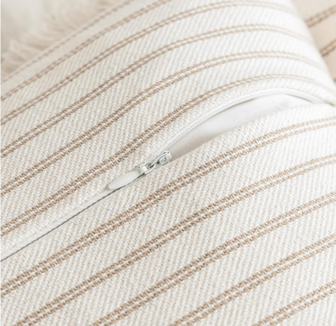Striped Farmhouse Throw Pillow Covers 18X18 Set of 2 Boho Pillow Cover with Fringe Tassel Chic Cotton Decorative Pillows Modern Neutral Square Cushion Pillowcase for Sofa Couch Bed, Khaki