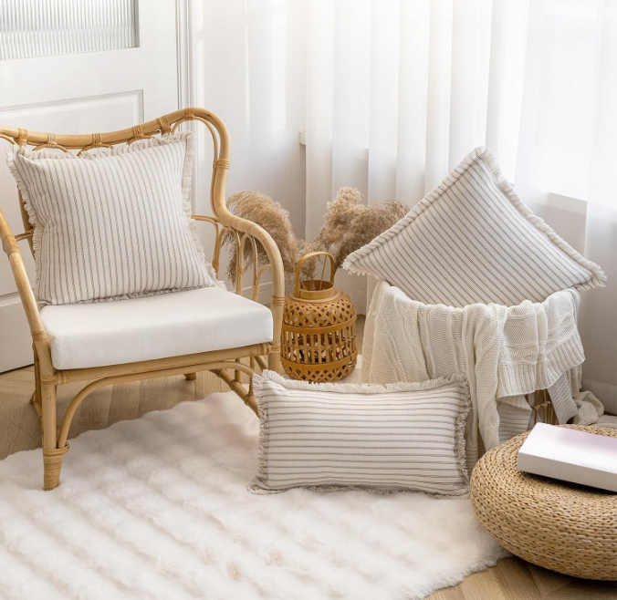 Striped Farmhouse Throw Pillow Covers 18X18 Set of 2 Boho Pillow Cover with Fringe Tassel Chic Cotton Decorative Pillows Modern Neutral Square Cushion Pillowcase for Sofa Couch Bed, Khaki