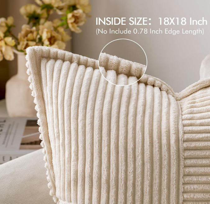 Corduroy Pillow Covers with Splicing Set of 2 Super Soft Boho Striped Pillow Covers Broadside Decorative Spring Throw Pillows for Couch Cushion Livingroom 18x18 inch, Beige