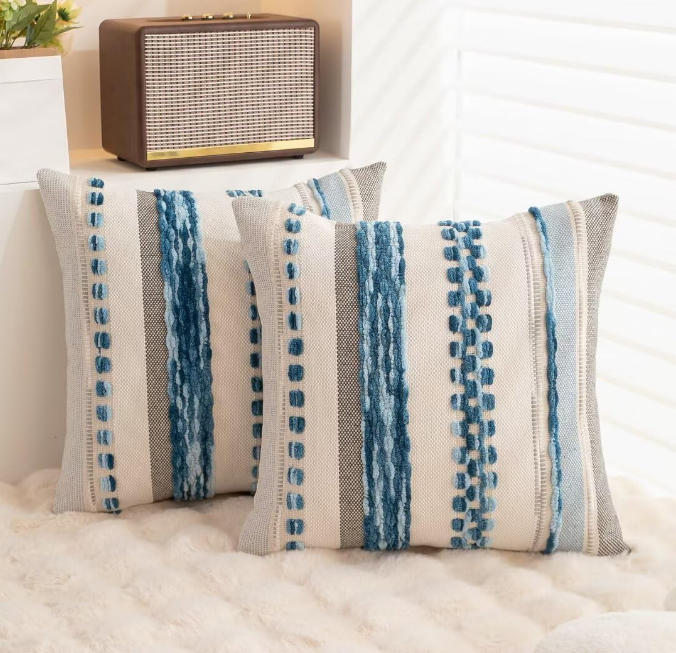 Boho Throw Pillow Covers 18x18 Set of 2 Farmhouse Decorative Cushion Case Striped Square Pillows Cover Chenille Pillow Cases Accent Neutral Pillowcase for Sofa Couch Bed,Sky Blue