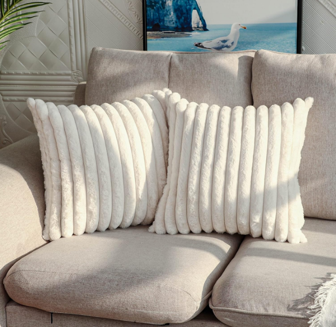  Pack of 2,Double-Sided Faux Fur Plush Decorative Throw Pillow Covers Fuzzy Striped Soft Pillowcase Cushion Covers for Sofa Couch Bedroom Home, Cream White
