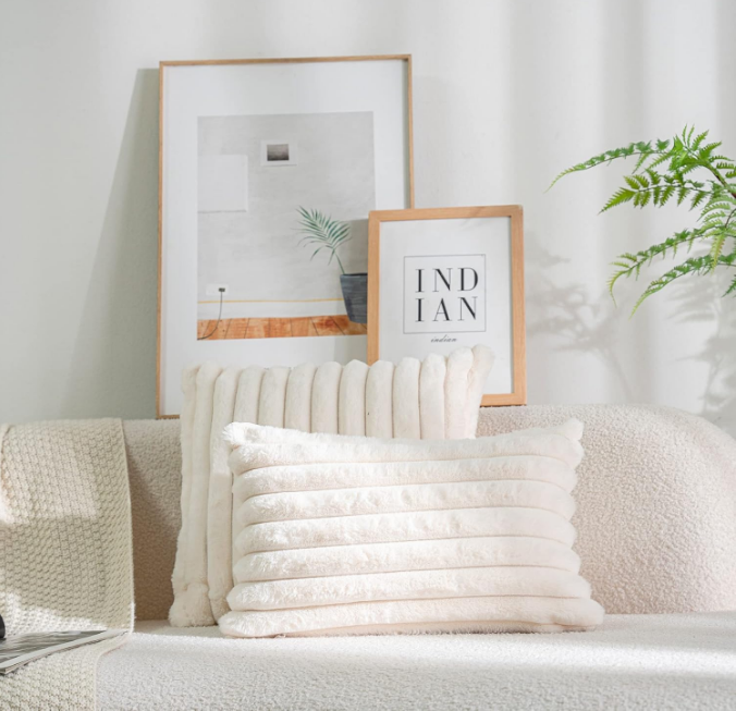  Pack of 2,Double-Sided Faux Fur Plush Decorative Throw Pillow Covers Fuzzy Striped Soft Pillowcase Cushion Covers for Sofa Couch Bedroom Home, Cream White
