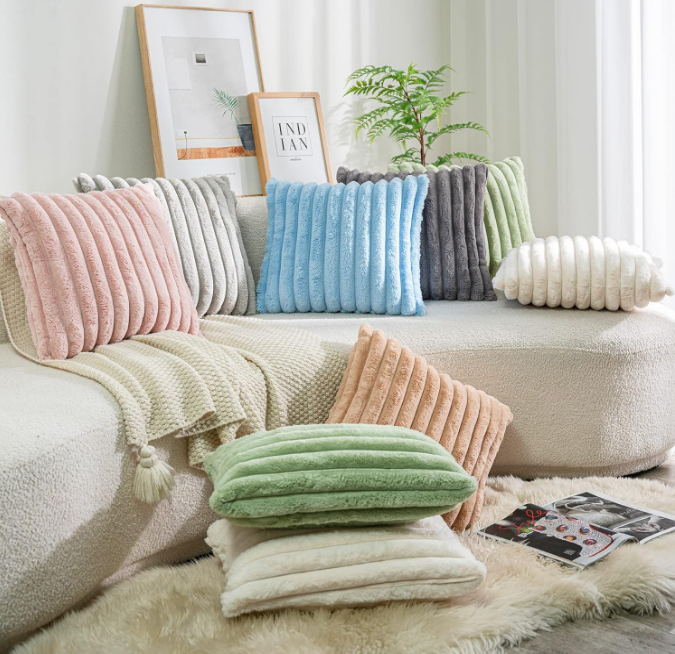  Pack of 2,Double-Sided Faux Fur Plush Decorative Throw Pillow Covers Fuzzy Striped Soft Pillowcase Cushion Covers for Sofa Couch Bedroom Home, Cream White