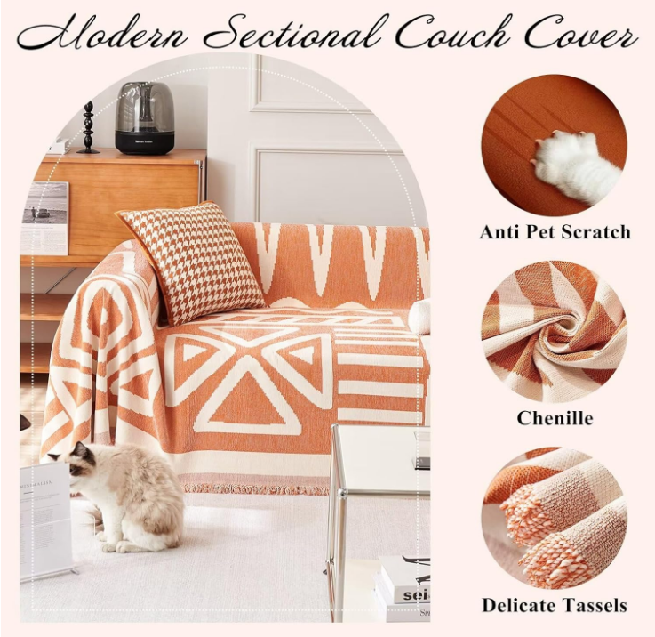 Couch Cover Chenille Sofa Covers for Sectional Sofa, Boho Couch Covers for 2 Cushion Couch Sofa, Non Slip Sofa Slipcover Washable Love Seat Cover, Caramel Couch Sofa Covers for Dog, 71''x118''