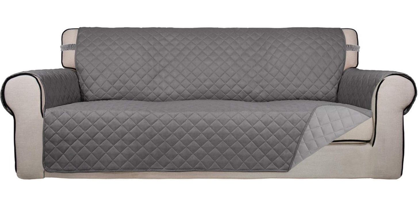 Reversible Quilted Sofa Cover, Water Resistant Slipcover Furniture Protector, Washable Couch Cover with Non Slip and Elastic Straps for Kids, Dogs, Pets (Oversized Sofa, Gray/Light Gray)