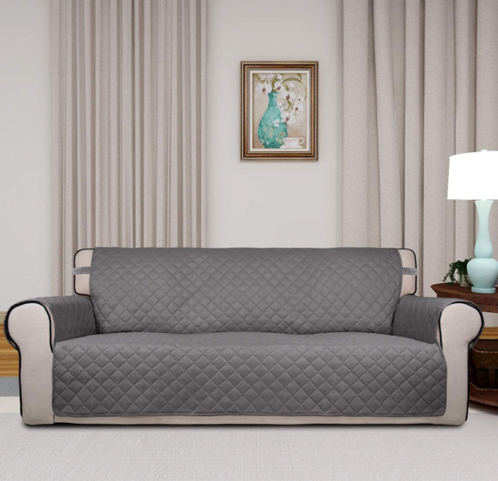 Reversible Quilted Sofa Cover, Water Resistant Slipcover Furniture Protector, Washable Couch Cover with Non Slip and Elastic Straps for Kids, Dogs, Pets (Oversized Sofa, Gray/Light Gray)