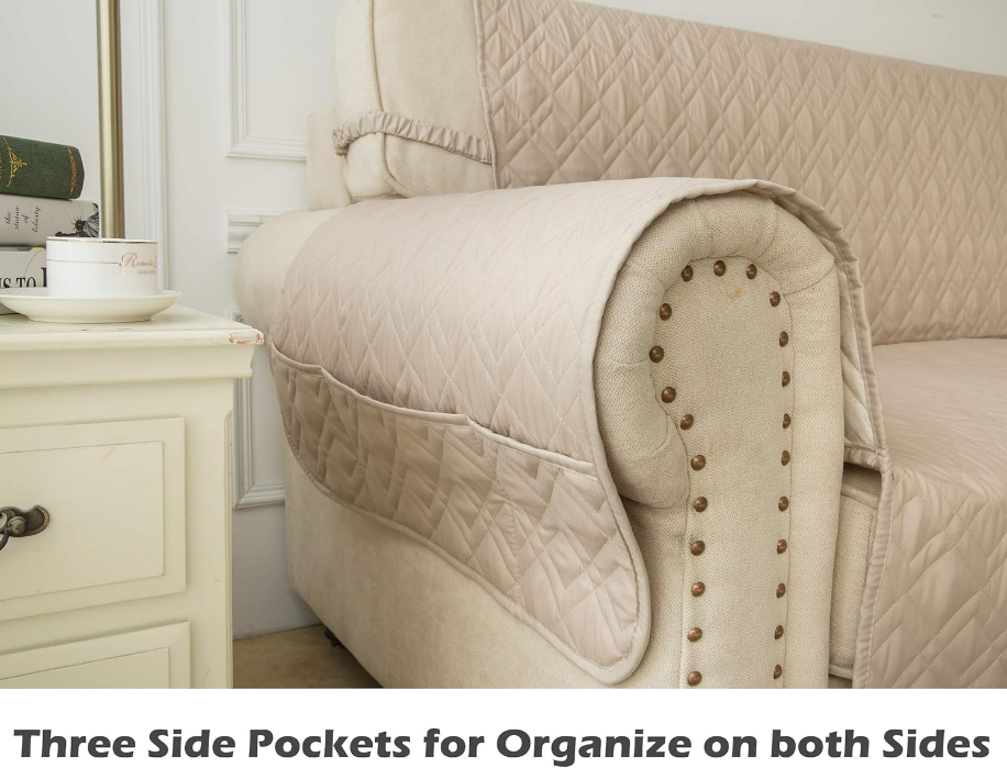 Couch Sofa Slipcover 100% Waterproof Nonslip Quilted Furniture Protector for Dogs, Children, Pets, Machine Washable (Beige, 68")