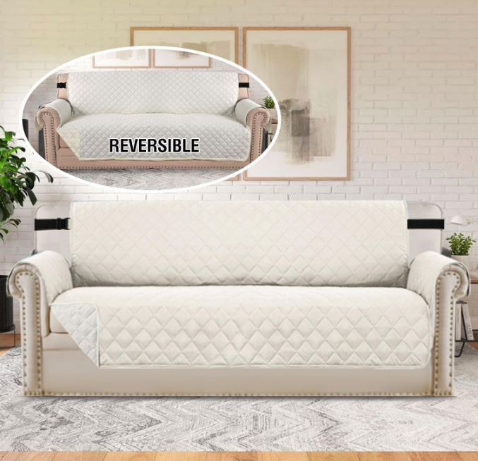 Couch Cover for 3 Cushion Cover Pet Friendly Sofa Cover for Dog Washable Furniture Protector Water Resistant Slipcover with Non Slip Elastic Strap(Sofa, Ivory/Beige)