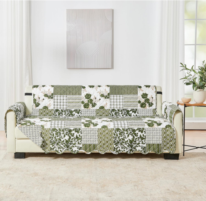 Home Reversible Patchwork Sofa Cover - Washable Slipcover Furniture Protector with Elastic Straps - Couch Cover for Dogs, Kids, and Pets - Box-Stitched Detail (Sofa, Olive/Brown)