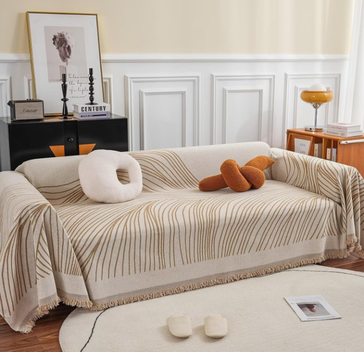 Sofa Slipcover for 2 Cushion Couch Sofa Thick Chenille Couch Cover Chic Khaki Beige Stripe Geometry Jacquard Sofa Cover Futon Protector for Dog L Shape Sofa Cover Loveseat Cover 71" X 118"