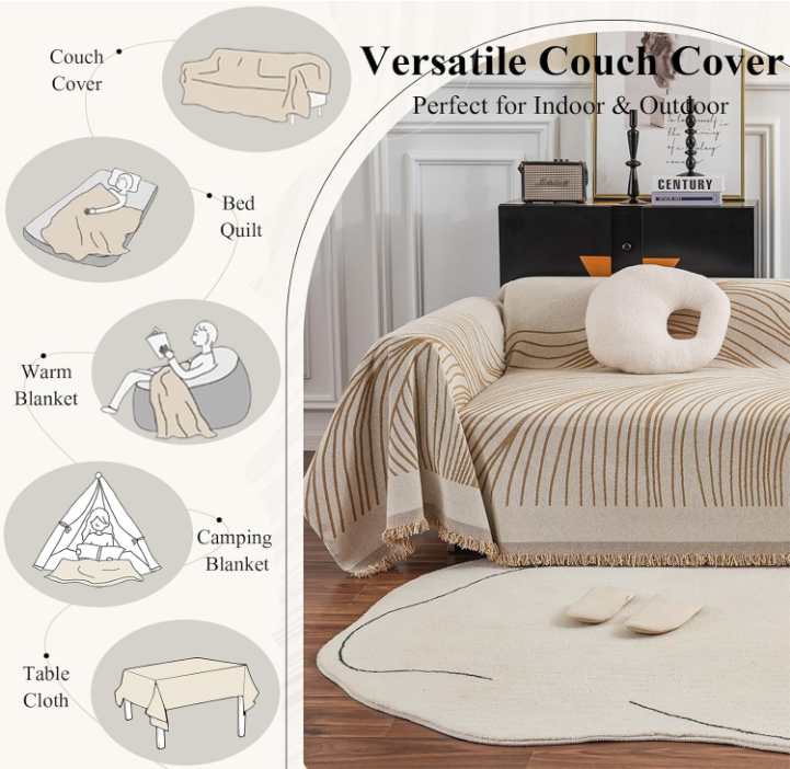 Sofa Slipcover for 2 Cushion Couch Sofa Thick Chenille Couch Cover Chic Khaki Beige Stripe Geometry Jacquard Sofa Cover Futon Protector for Dog L Shape Sofa Cover Loveseat Cover 71" X 118"