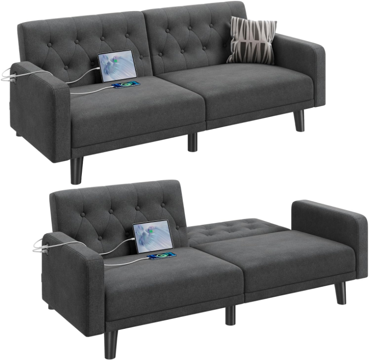 63” Convertible Couch Sofa Bed with 2 USB, Reclining Futon Sleeper with Adjustable Backrest & Removable Armrests, Mid Century Modern Loveseat for Living Room, Apartment, Office Dark Gray