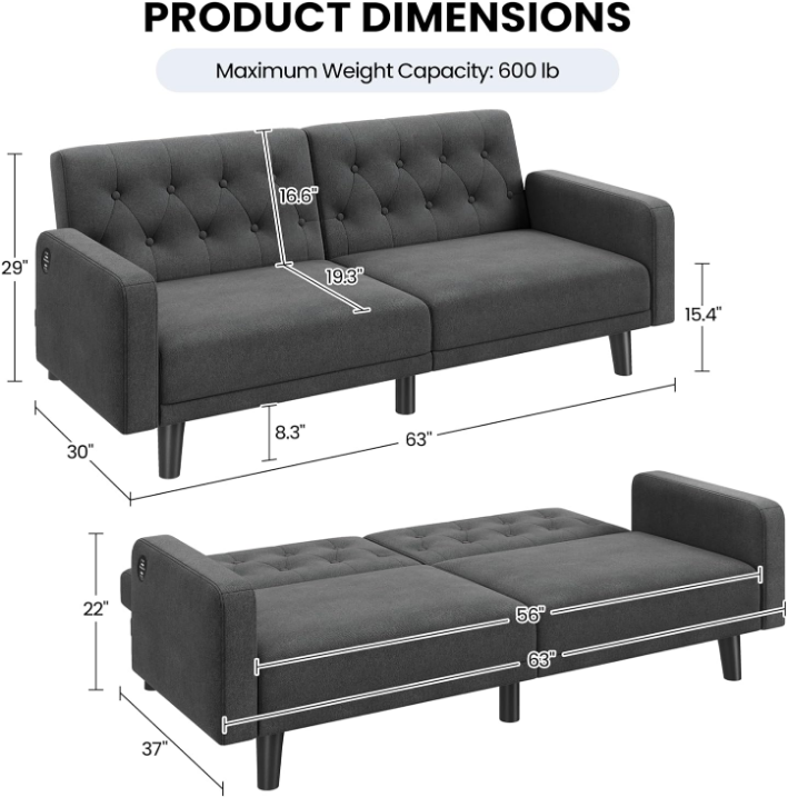 63” Convertible Couch Sofa Bed with 2 USB, Reclining Futon Sleeper with Adjustable Backrest & Removable Armrests, Mid Century Modern Loveseat for Living Room, Apartment, Office Dark Gray