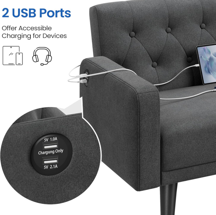63” Convertible Couch Sofa Bed with 2 USB, Reclining Futon Sleeper with Adjustable Backrest & Removable Armrests, Mid Century Modern Loveseat for Living Room, Apartment, Office Dark Gray