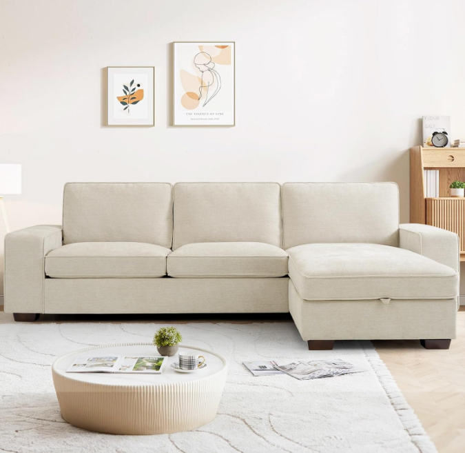 Convertible Sectional Sofa Couch with Chaise Storage, Modern L-Shaped Reversible Design, Comfortable Chenille Fabric, Removable Cushion Covers USB Type-C Ports for Living Room (Beige)