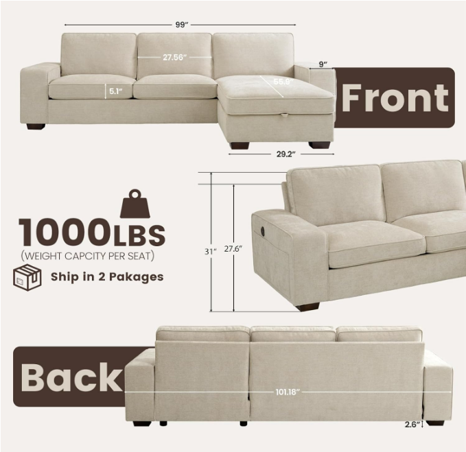 Convertible Sectional Sofa Couch with Chaise Storage, Modern L-Shaped Reversible Design, Comfortable Chenille Fabric, Removable Cushion Covers USB Type-C Ports for Living Room (Beige)