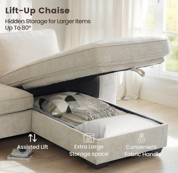 Convertible Sectional Sofa Couch with Chaise Storage, Modern L-Shaped Reversible Design, Comfortable Chenille Fabric, Removable Cushion Covers USB Type-C Ports for Living Room (Beige)
