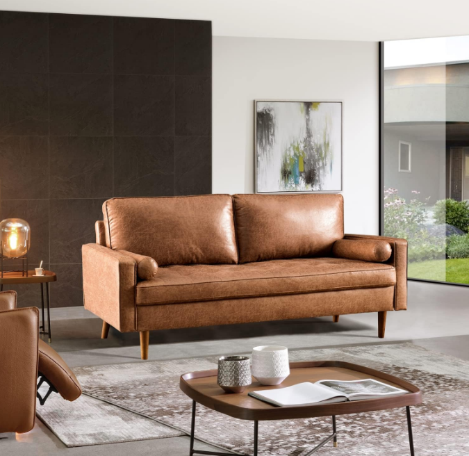 70" Loveseat Sofa Couch, Mid Century Modern Sofas Couches with Comfy Cushions, 2-Seater Faux Leather Deep Seat Rivet Tufted Love Seat for Living Room, Brown