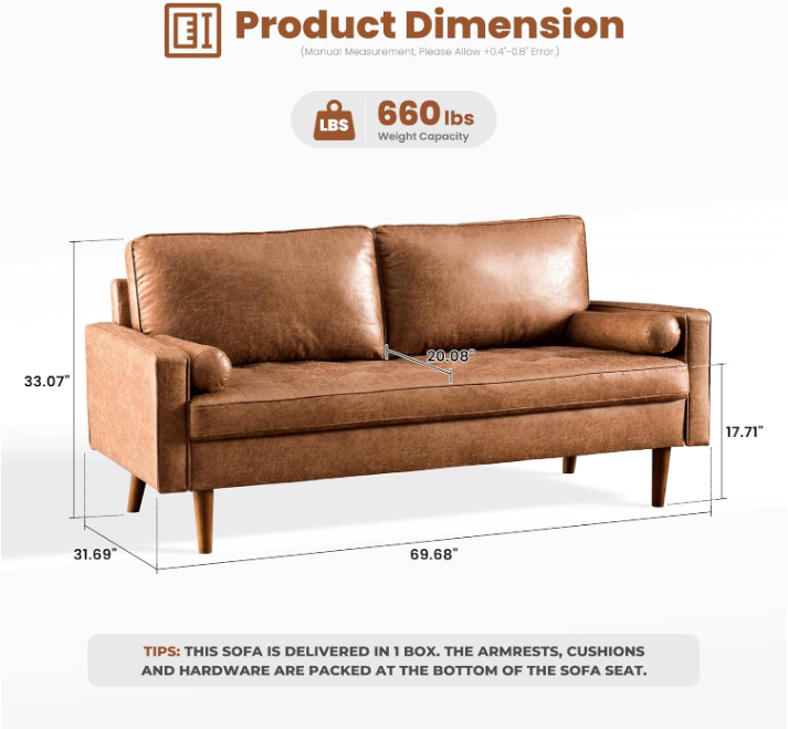 70" Loveseat Sofa Couch, Mid Century Modern Sofas Couches with Comfy Cushions, 2-Seater Faux Leather Deep Seat Rivet Tufted Love Seat for Living Room, Brown