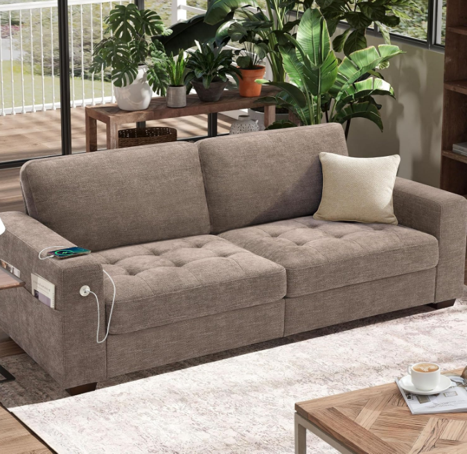 Sofa for Living Room, Modern Comfy Sofa with Medium Firm Seat Cushion, Removable Cover,Wide Armrest,USB/Type-C Port,Chenille Fabric Couches for Small Space,Apartment (Brown, 89 inch)