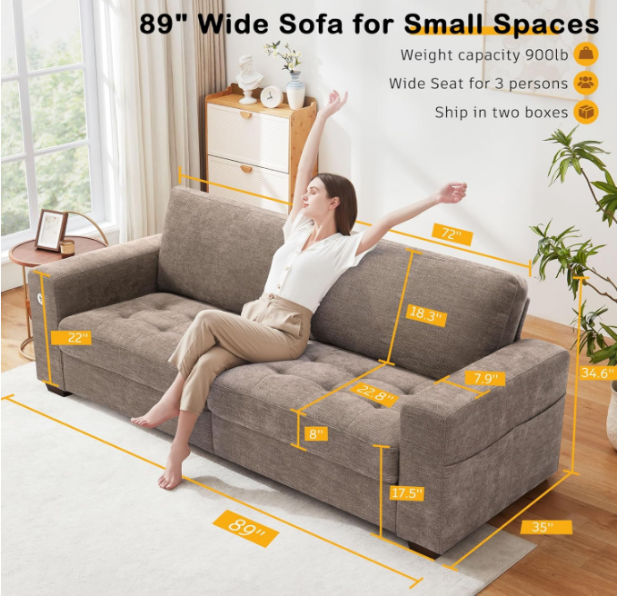 Sofa for Living Room, Modern Comfy Sofa with Medium Firm Seat Cushion, Removable Cover,Wide Armrest,USB/Type-C Port,Chenille Fabric Couches for Small Space,Apartment (Brown, 89 inch)