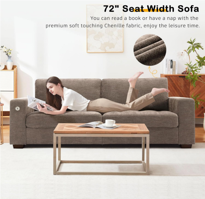 Sofa for Living Room, Modern Comfy Sofa with Medium Firm Seat Cushion, Removable Cover,Wide Armrest,USB/Type-C Port,Chenille Fabric Couches for Small Space,Apartment (Brown, 89 inch)