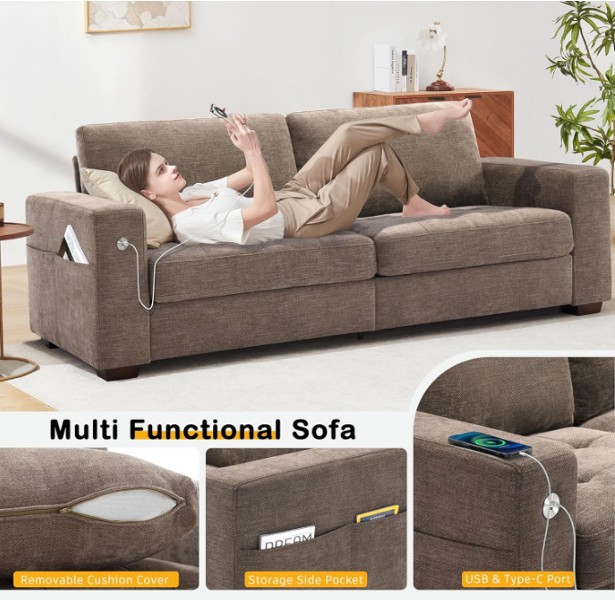 Sofa for Living Room, Modern Comfy Sofa with Medium Firm Seat Cushion, Removable Cover,Wide Armrest,USB/Type-C Port,Chenille Fabric Couches for Small Space,Apartment (Brown, 89 inch)