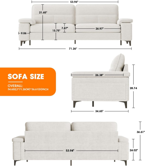 71.25" Modern Sofa Couch for Living Room, Deep Seat Sleeper Sofa with 8”Cushion, Comfy 2-Seater Chenille Loveseat Sofa with Convertible Armrest, Removable Sofa Cover, High Leg (Beige)