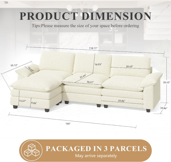 Sectional Couch for Living Room, Modular Sofa with Ottoman, L Shaped Cloud Couches Set, Comfy Sofa Bed, Chenille Sofa, Home Furniture Beige