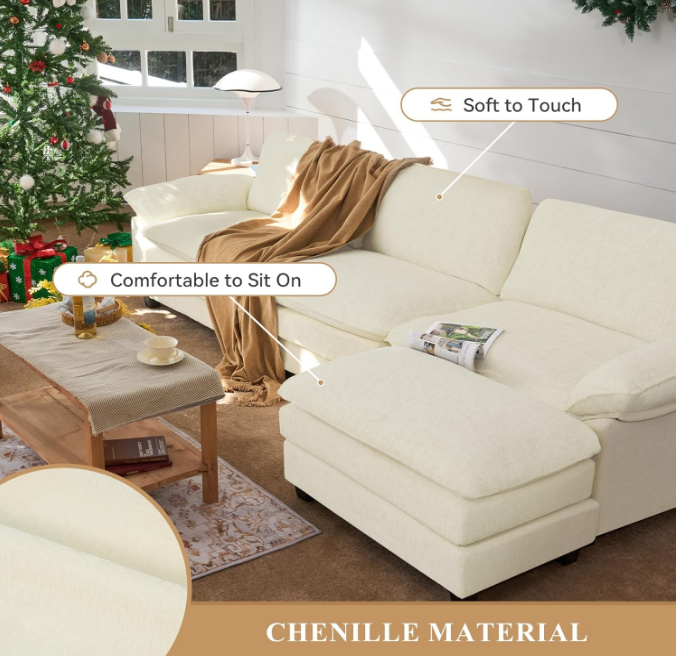 Sectional Couch for Living Room, Modular Sofa with Ottoman, L Shaped Cloud Couches Set, Comfy Sofa Bed, Chenille Sofa, Home Furniture Beige