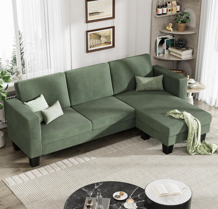 L-Shaped Convertible Sectional Sofa 3 Seater with Corduroy Fabric, Complete with Mobile Footrest, for Living Room, Apartment and Office, 70", Green