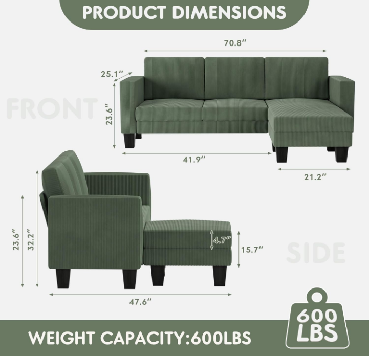 L-Shaped Convertible Sectional Sofa 3 Seater with Corduroy Fabric, Complete with Mobile Footrest, for Living Room, Apartment and Office, 70", Green