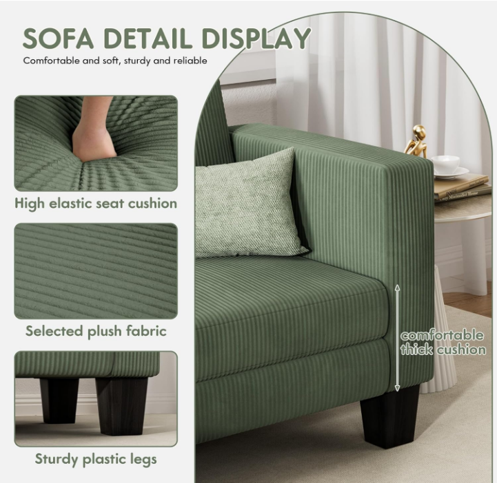 L-Shaped Convertible Sectional Sofa 3 Seater with Corduroy Fabric, Complete with Mobile Footrest, for Living Room, Apartment and Office, 70", Green