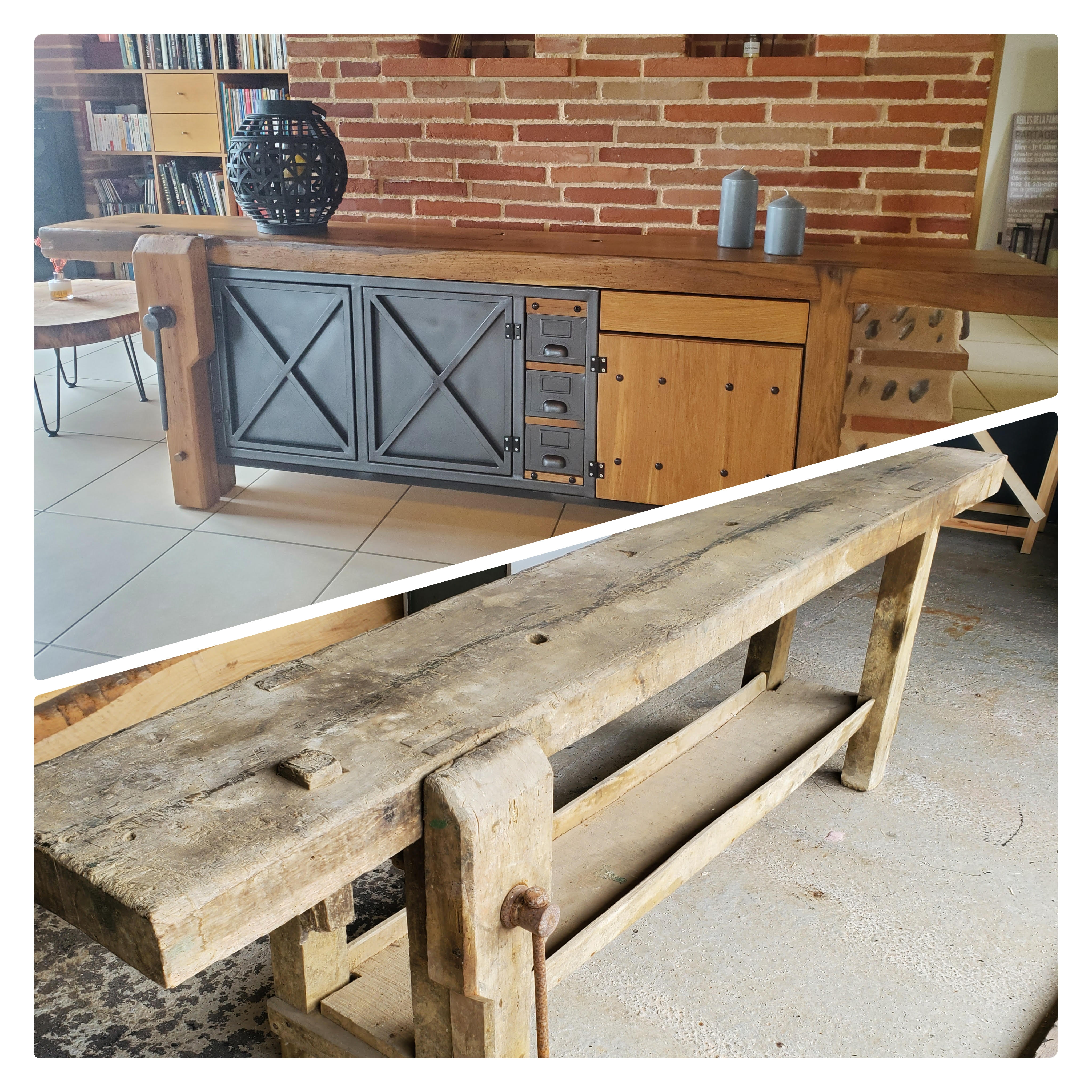 Établi en bois transformé en meuble