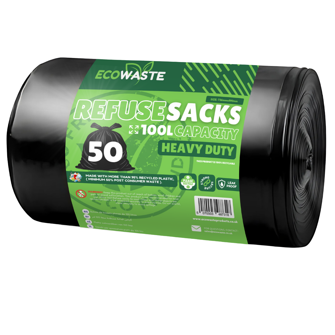 Ecowaste | 50 Pack Black Heavy Duty Bin Bags, Refuse Sacks - 100L