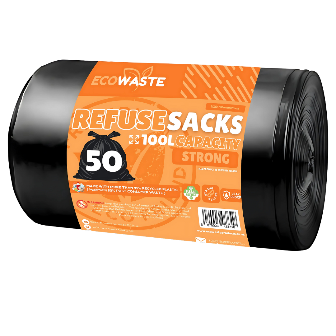 Ecowaste | 50 Pack Black Strong Bin Bags, Refuse Sacks - 100L