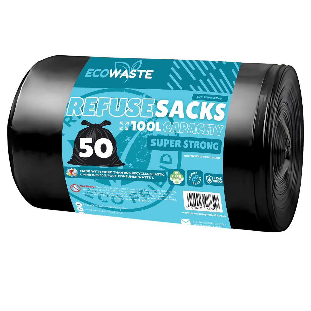 Ecowaste | 50 Pack Black Super Strong Bin Bags, Refuse Sacks - 100L